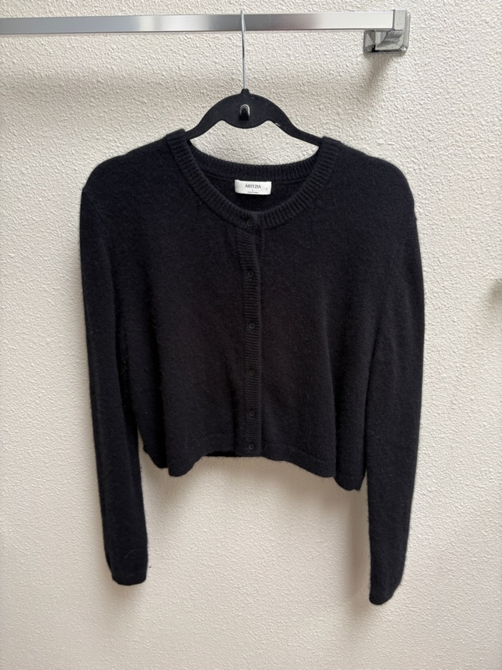 Aritzia Cashmere Black Cropped Button-Front Crewneck Cardigan